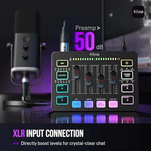 FIFINE Gaming Audio Mixer, Streaming RGB PC Mixer with XLR Microphone Interface, Individual Control, Volume Fader, Mute Button, 48V Phantom Power, for Podcast/Recording/Vocal/Game Voice-AmpliGame SC3