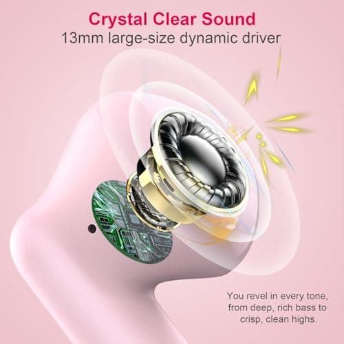 Wireless Earbuds, Bluetooth 5.4 Earbuds Stereo Bass, Bluetooth Headphones in Ear Noise Cancelling Mic, Wireless Earphones IP7 Waterproof Sports, 32H Playtime Mini USB C Charging Ear Buds Light Pink