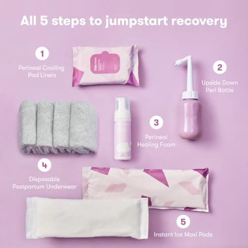 Frida Mom 11pc Postpartum Essentials Kit Gift Set, Hospital Bag Must Haves for New Mom, Includes 4 Disposable Postpartum Underwear, 4 Ice Maxi Pads, Perineal Healing Foam & 24 Pad Liners & Peri Bottle