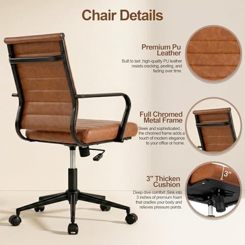 Okeysen Leather Office Desk Chair, Mid-Century Modern Leather Conference Room Chairs, Ergonomic Executive Ribbed Height Adjustable Swivel Rolling Chair for Home Office.