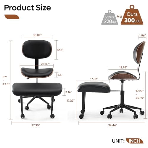 Bestier Cross Legged Office Chair with Wheels, Ergonomic Wide Meditation Chair for Adults up to 300 lbs, 360° Swivel Seat for ADHD, Strong Lumbar Support for Kneeling Meditation Black PU Leather