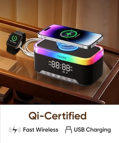 GILLIER Wireless Charging Alarm Clock Radio for Bedrooms – 15W Fast Wireless Charger Station for iPhone/Samsung, Bluetooth Stereo Speaker with FM Radio, Dimmable Display, USB Port, Sleep Timer, Black