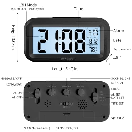 KESHIDE Digital Alarm Clock Battery Operated with Indoor Temperature, Desk Small Clock,Snooze Model,12/24H Display for Bedrooms Heavy Sleepers Kids Travel Bathroom (Black)