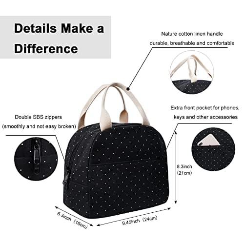 EurCross Upgraded Compact Black Lunch Bag for Girls Women,Canvas Reusable Insulated Polka Dot Lunch Tote Box Bag for Work School
