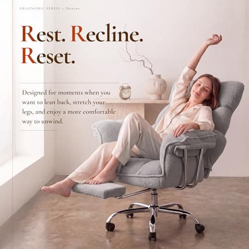 Dowinx Big and Tall Office Chair, Ergonomic Desk Chair with Thick Cushion, Wide Seat & Armrests Computer Gaming Chair,High Back Reclining Teddy Fleece Criss Cross Chair with Foot Rest, Gray