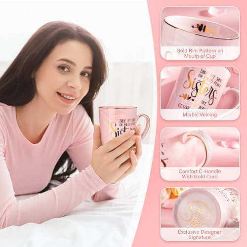 14oz Pink Marble Coffee Mug with Gold Print, Lid, Spoon, Greeting Card and Elegant Gift Box, Present for Big Sister Sister Birthday Gifts for Sister from Brother Sisters, 14oz Sisters Mug B0855VHN6G