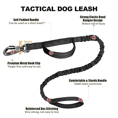Tactical Dog Collar and Bungee Leash,Military Dog Collar & Leash Set with USA American Flag Adjustable K9 Collar with Heavy Duty Metal Buckle & Handle,with Patches and Airtags Case (L, Black)