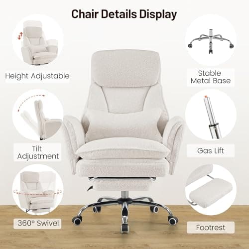 Furniliving Criss Cross Office Chair with Armrests & Wheels, Big and Tall Office Chair with Footrest, Flip Armrests for Pets, Wide Seat Cross Legged Desk Chair, Ergonomic Computer Chair, Teddy, White