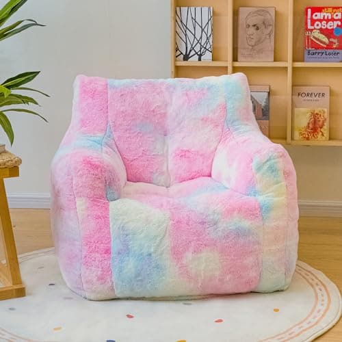 Bean Bag Chair with Filling, Faux Fur Comfy BeanBag Chairs for Teens, Adults, Bedroom, Living Room, Reading - Rainbow