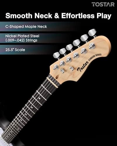 Tostar Beginner Electric Guitar, Solid Body, 39" Full Size Strat Style with HSS Pickups, 5-Way Switch, Tremolo Bridge, Maple Neck & Tectona Fretboard, Ideal for Beginners and Gifting, Black