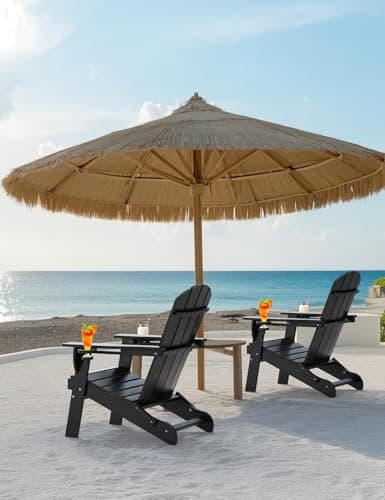 Folding Adirondack Chair, Wooden Textured Plastic Adirondack Chairs with 2 Cup Holder, Weather Resistant HDPE Fire Pit Chair, Outdoor Patio Chairs for Garden, Backyard, Lawn, Deck, 380LBS, Black