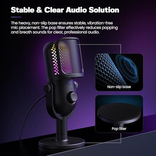 USB Microphone for PC Gaming: Condenser Microphone RGB for Gamer with Stand Mic - Recording Mic for Computer&Laptop with Qiuck Mute - Desk Podcast Mic for Podcast & Singing & Streaming & Youtube Black