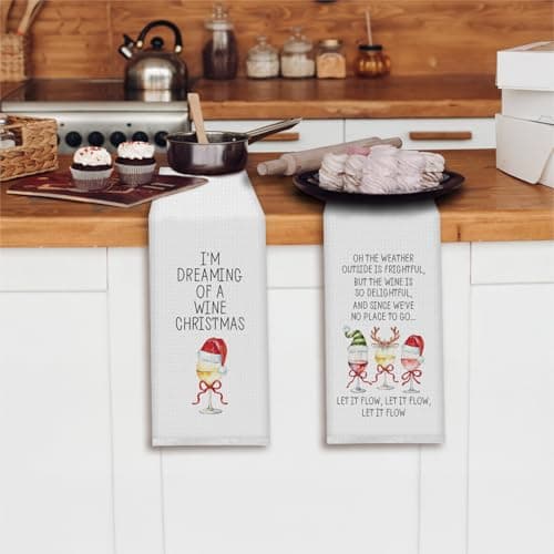 Funny Christmas Wine Kitchen Towels, Gifts for Wine Lovers Dish Tea Towels for Kitchen Bar Cart Decor, Winter Holiday Xmas Wines Decorative Hand Towel, 16x24 Inch Set of 2