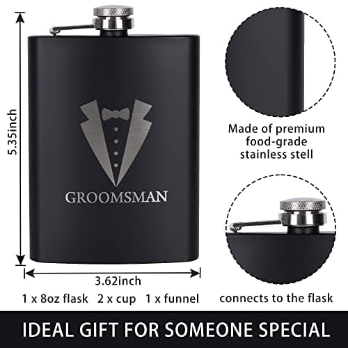 6 Pieces Groomsmen Gifts Set : 1 Pcs 8oz Stainless Steel Tuxedo Flask 1 Pcs Poker Bottle Cap Opener 1 Pcs Groomsmen Gauge Glasses 1 Pcs Sunglasses 1 Pcs Card 1 Pcs Groomsmen Gift Bags for Wedding B0C2Y9C42C