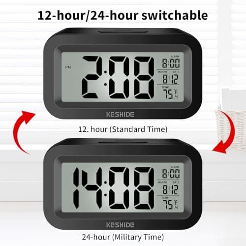 KESHIDE Travel Digital Alarm Clock, Battery Operated with Indoor Temperature, Desk Small Clock,Snooze Model,12/24H Display for Bedrooms Heavy Sleepers Kids Travel Bathroom (Black)