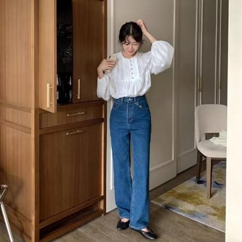 UICIOP Korean Version of Women's Shirt, Women's Sweet Round Neck Pleated Small lace top, Women's Long Sleeved Shirt top