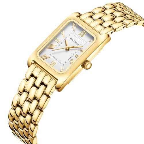 HOLSTOUR Watches for Women Vintage Bracelet Roman Dial Rectangular Case Gold Watch Waterproof with Tools