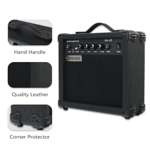Demusea Electric Guitar Amplifier 20w Guitar Amp Practice Small Portable Travel Mini with Headphone Jack Aux Distortion Gain Treble Bass Volume Jack with 3 Meters Cable Audio Adapter Guitar Picks