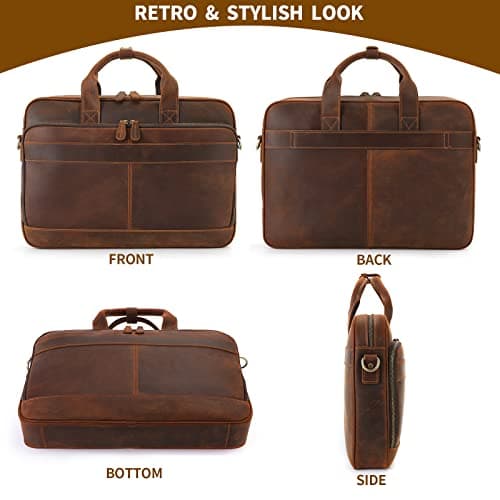Jack&Chris Full Grain Leather Briefcase for Men, Business Messenger Bag Laptop Bag Attache Case, Fits 15.6 Inch Laptop