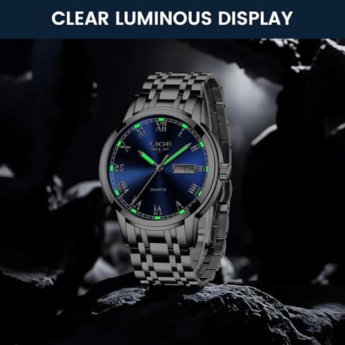 LIGE Mens Watch, Analog Men's Wrist Watches, Stainless Steel Style, Quartz Movement Calendar Function, 3ATM Waterproof, Clear Luminous Display, Business Social Matching