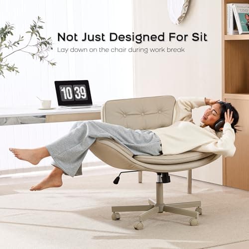 amseatec Criss Cross Office Chair, PU Leather Vanity Chair with 5-Level Adjustable Armrests & Swivel, Ergonomic Criss Cross Chair for Home Office Bedroom Makeup（Cream）