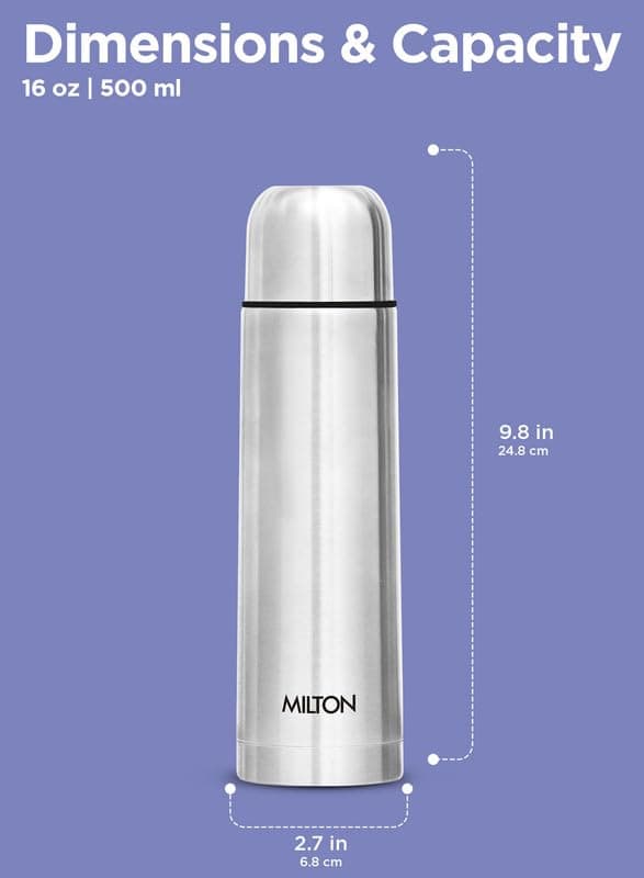 Milton Thermosteel Flip Lid 500, Double Walled Vacuum Insulated Thermos 500 ml | 16 oz | 24 Hours Hot and Cold Water Bottle with Cover, Stainless Steel, BPA Free, Leak Proof | Silver