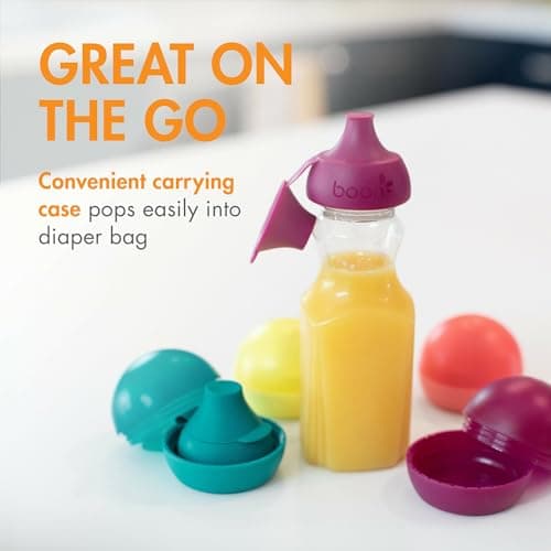 Boon Snug Sip Universal Water and Juice Silicone Bottle Toppers - Soft Spout Conversion Caps with Spill Proof Valves - Silicone Bottle Covers for Travel - Includes 4 Bottle Toppers and 4 Cases