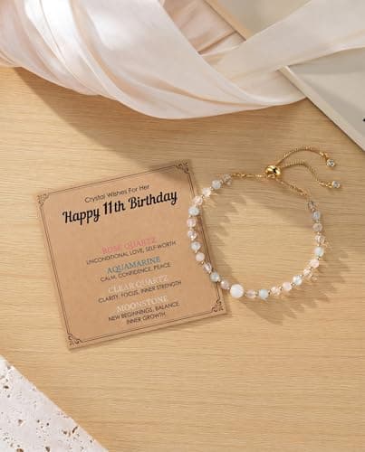 Moonstone Rose Quartz Aquamarine & Clear Quartz, Adjustable Bolo Chain, Birthday Blessing Card & Pouch for Teens Tweens HGDEER Her Milestone Birthday, Crystal Wishes Bracelet Gifts for Girls B0GR99VH91