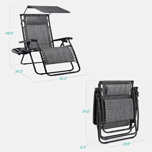 Best Choice Products 30” Wide Folding Zero Gravity Outdoor Recliner Patio Lounge Chair w/Adjustable Canopy Shade, Headrest, Side Accessory Tray - Gray