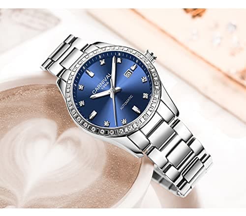 LOREO Women's Diamond Automatic Mechanical Rose Gold Stainless Steel Sapphire Waterproof Lady's Elegant Blue Watch