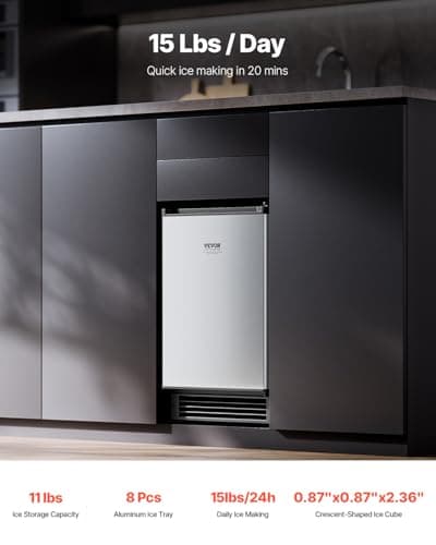 VEVOR Undercounter Built-in Ice Maker, 15 Lbs/Day Under Counter Ice Maker Machine with Reversible Door Stainless Steel, Freestanding Ice Maker for Commercial Home Kitchen, No Drain Required