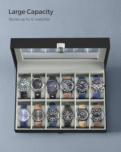 SONGMICS SONGMICS Watch Box, 12-Slot Watch Case Organizer with Large Glass Lid, Removable Pillows, Gift for Loved Ones, Black Synthetic Leather, Gray Lining UJWB12BK