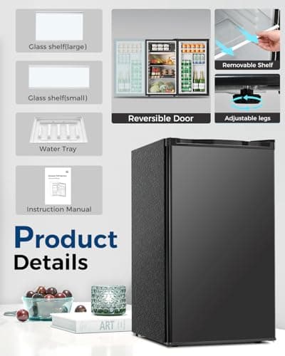 Feelfunn Mini Fridge with Freezer - 3.2 Cu.Ft Single Door Mini Refrigerator with Adjustable Thermostat, Small Fridge for Bedroom, Apartment, Dorm - Black