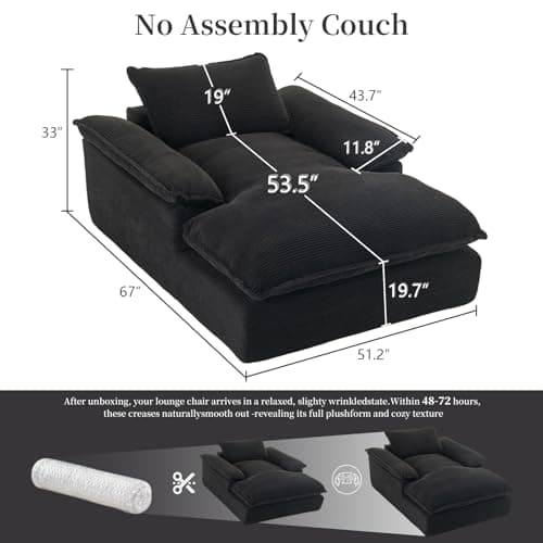 Oversized Chaise Lounge Chair Indoor, 67" Boneless Chaise Lounge with Extra Deep Seat, Comfy Corduroy Upholstered Sleeper Sofa Bed, Cozy Fluffy Single Sofa Armchair for Living Room, Black