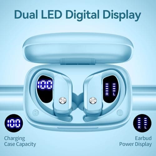 bmani Ear Buds Wireless Earbuds Bluetooth Headphones with 80H Playtime LED Display Case, Over-Ear Hook with Mic, Stereo Sound, Easy Button Controls, Sports Earphones for Running Workout Sky Blue