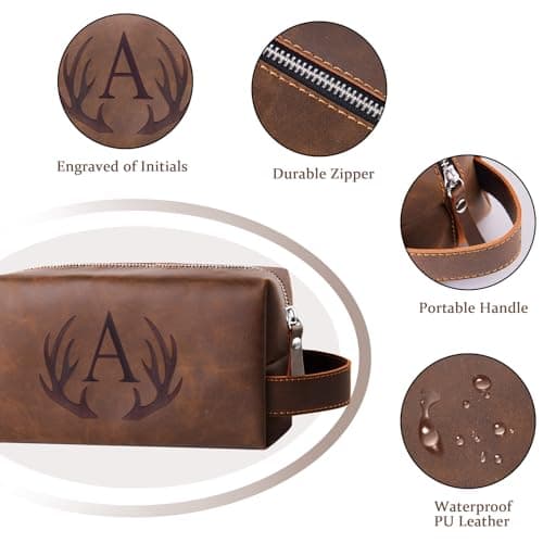 Unique Mens Toiletry Travel Bag Monogrammed Initial PU Leather Waterproof Shaving Bag for Toiletries Accessories Personalized Retirement Anniversary Thank You Gifts for Men Husband Him (R)