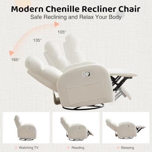 Rocking Recliner Nursery Chair, Swivel Recliner Glider for Nursery with 2 Pockets, Reclining Rocking Chair, Manual Recliners for Living Room, Bedroom, Cream White Chenille