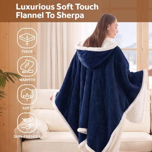 Electric Shawl Wrap with Pockets, Wearable Heated Poncho Hoodie with 6 Heating Levels & 2-10 Hours Auto Shut Off, Home Office Westinghouse Wearable Heated Throw Blanket Flannel Sherpa 50x60 Inch Navy B0CSS5PQ42