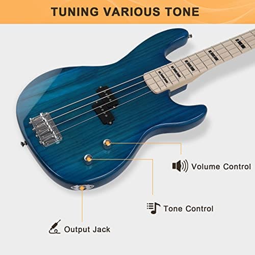 GLARRY GP Series Full Size Electric Bass Guitar 4 String Beginner Kit Canadian Maple Fingerboard with Cable, Strap, Bag and Accessories(Blue)