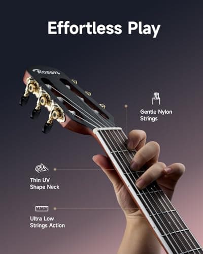 Rosen V1 Hybrid Acoustic Guitar for Beginners Adults Patented Body with Solid Spruce Top & Soft Touch Strings Thin Neck & Open Pore Matte 40 Inch,Black