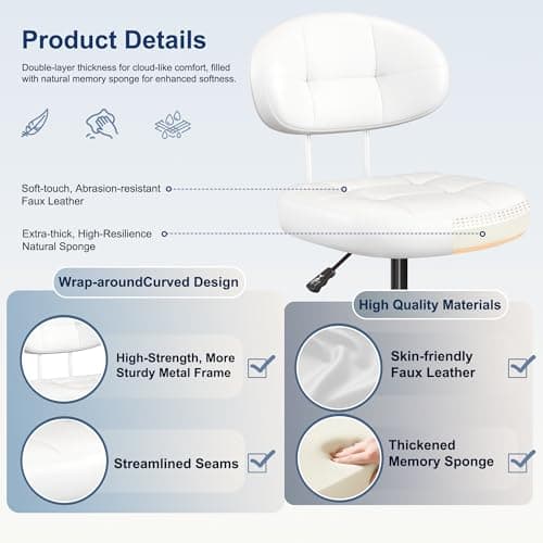 Misolant Vanity Chair with Back, Small Armless Cute office Chair with wheels and Lumbar support, Comfy PU Leather Desk Computer Chairs with Adjustable Height, 360°Swivel for Home Bedroom Office, White