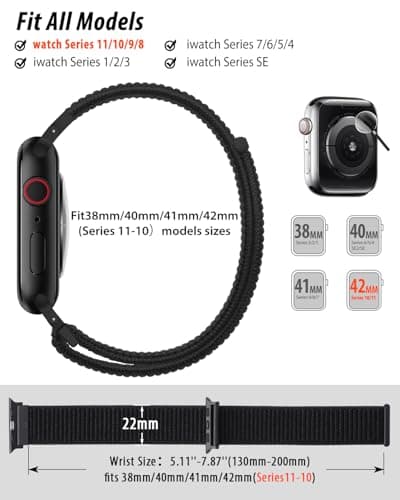 Nylon Loop Sport Band Compatible with Apple Watch Bands 38mm 40mm 41mm 42mm for Women Men, iWatch Wrist Straps for Se, Series 11 10 9 8 7, Breathable, Soft Band Ideal for Outdoor