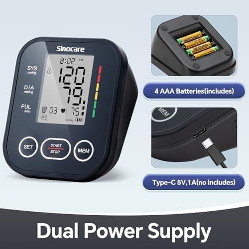 Sinocare Blood Pressure Monitor, Upper Arm Blood Pressure Monitors for Home Use, Adjustable Arm Cuff 8.6"-16.5", One-Button Operation, Dual User, Accurate & Practical (Black)
