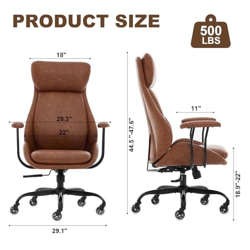 E-Motie Office Chair, Leather Desk Chair with Rubber Wheels, Ergonomic Computer Chair 500 LBS with Lumbar Support, High Back Executive Chair for Modern Home Office, Brown