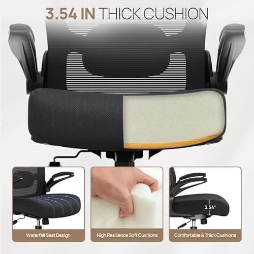 Mimoglad Ergonomic Office Chair - Desk Chair with Flip-up Armrests & 135° Recline, Adjustable Lumbar Support - Space-Saving Task Chair for Business/Team Office & Home (Black, 350lbs)