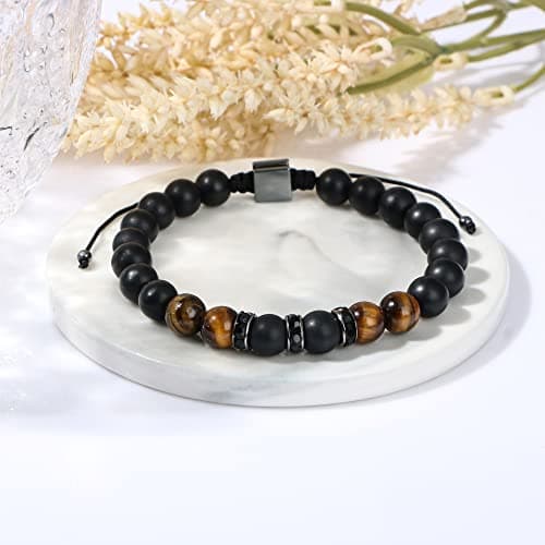 JoycuFF Gifts for Men Natural Tiger Eye Black Matte Agate Bracelets, Christmas Birthday Gifts for Boyfriend Husband Brother from Girlfriend Wife, To My Man Bead Bracelets