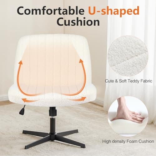 Sweetcrispy Criss Cross Chair Legged, Furry Armless Office Swivel Desk Chairs No Wheels, Vanity Height Adjustable Wide Seat Comfy Cute Computer Task Chair for Home Bedroom, Teddy Beige