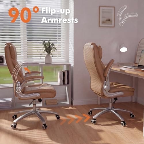GYI Big and Tall Office Chair 400lb Wide Seat, Ergonomic High Back Leather Executive Desk Chair with Flip-up Arms, Brown