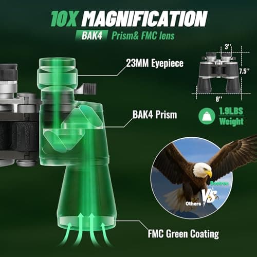 10x50 Binoculars with Dual Independent Eyepiece Adjustment, with BAK4 Prism FMC Lens Low Light Vision & Large View - Professional Binocular for Bird Watching Hunting Stargazing Sports Travel