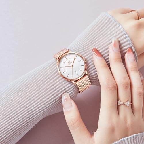 OLEVS Women's Watch Luxury Dress Rose Gold Women Slim Thin Lightweight Watch Stainless Steel Mesh Watches Fashion Waterproof Ladies Wrist Watch Black White Blue Face,Adjustable Bracelet